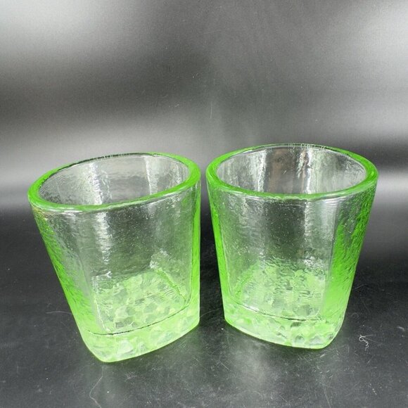 Fire & Light Green Recycled Glass Tumbler On the Rocks Square Signed Set 2 - Picture 16 of 16